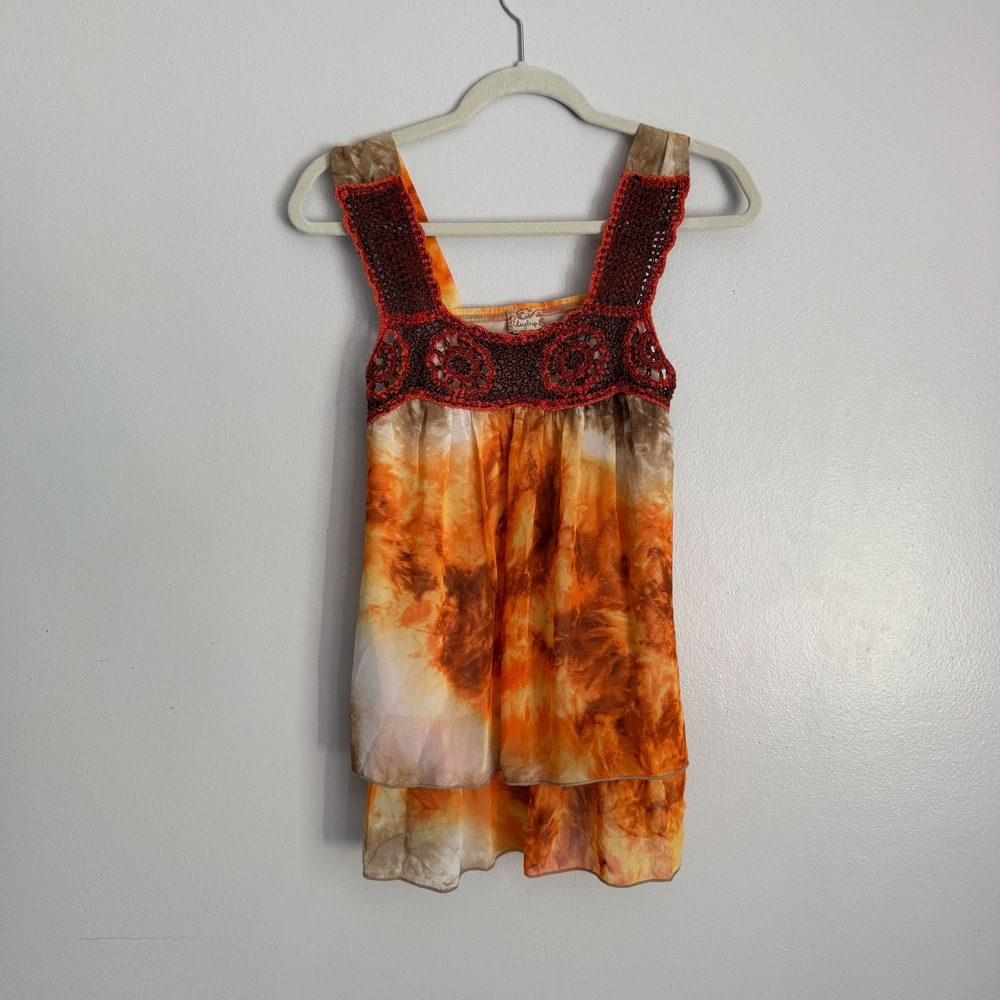 Y2K Daytrip Tie Dye Crochet Lace Trim Tiered Tank Top Orange Brown Boho Medium